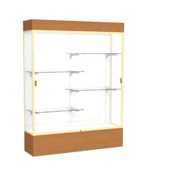 Reliant Lighted Carmel Oak case, White Laminate Back w/ Champagne aluminum frame finish, 80"H x 60"W x 16"D - Click to enlarge