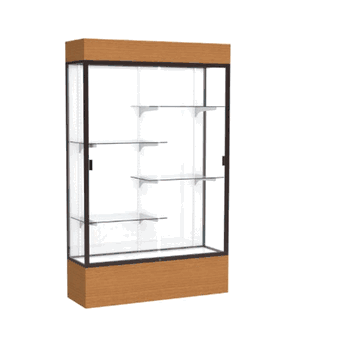 Reliant Lighted Carmel Oak case, White Laminate Back w/ Dark Bronze aluminum frame finish, 80"H x 48"W x 16"D - Click to enlarge
