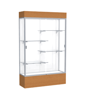 Reliant Lighted Carmel Oak case, White Laminate Back w/ Satin Natural aluminum frame finish, 80"H x 48"W x 16"D - Click to enlarge