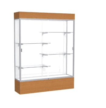 Reliant Lighted Carmel Oak case, White Laminate Back w/ Satin Natural aluminum frame finish, 80"H x 60"W x 16"D - Click to enlarge