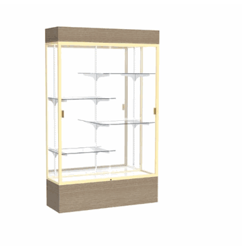 Reliant Lighted Driftwood Oak case, Mirror Back w/ Champagne aluminum frame finish, 80"H x 48"W x 16"D - Click to enlarge