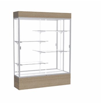 Reliant Lighted Driftwood Oak case, Mirror Back w/ Satin Natural aluminum frame finish, 80"H x 60"W x 16"D - Click to enlarge