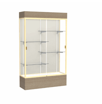 Reliant Lighted Driftwood Oak case, Plaque Fabric Back w/ Champagne aluminum frame finish, 80"H x 48"W x 16"D - Click to enlarge