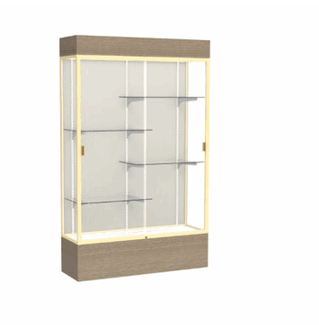 Reliant Lighted Driftwood Oak case, Plaque Fabric Back w/ Champagne aluminum frame finish, 80"H x 48"W x 16"D - Click to enlarge