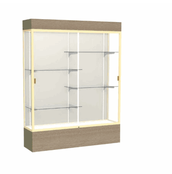 Reliant Lighted Driftwood Oak case, Plaque Fabric Back w/ Champagne aluminum frame finish, 80"H x 60"W x 16"D - Click to enlarge