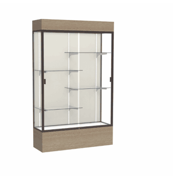 Reliant Lighted Driftwood Oak case, Plaque Fabric Back w/ Dark Bronze aluminum frame finish, 80"H x 48"W x 16"D - Click to enlarge