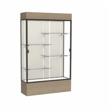 Reliant Lighted Driftwood Oak case, Plaque Fabric Back w/ Dark Bronze aluminum frame finish, 80"H x 48"W x 16"D - Click to enlarge