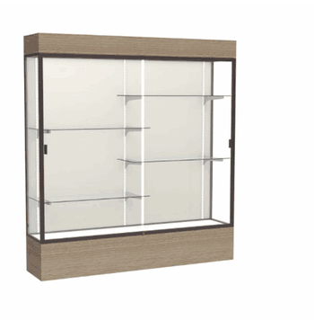 Reliant Lighted Driftwood Oak case, Plaque Fabric Back w/ Dark Bronze aluminum frame finish, 80"H x 72"W x 16"D - Click to enlarge