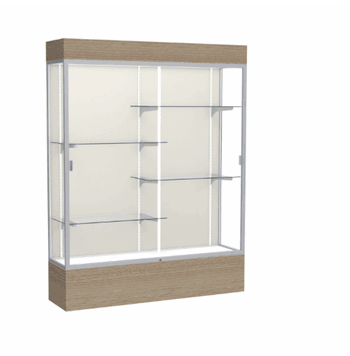 Reliant Lighted Driftwood Oak case, Plaque Fabric Back w/ Satin Natural aluminum frame finish, 80"H x 60"W x 16"D - Click to enlarge