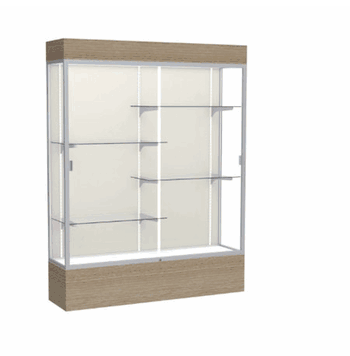 Reliant Lighted Driftwood Oak case, Plaque Fabric Back w/ Satin Natural aluminum frame finish, 80"H x 60"W x 16"D - Click to enlarge