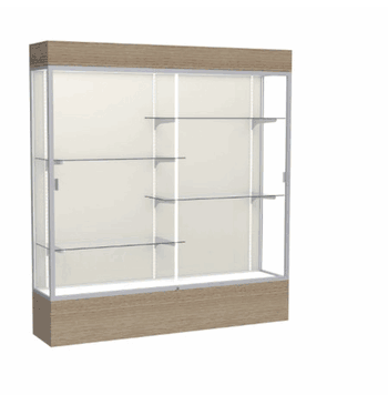 Reliant Lighted Driftwood Oak case, Plaque Fabric Back w/ Satin Natural aluminum frame finish, 80"H x 72"W x 16"D - Click to enlarge