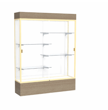 Reliant Lighted Driftwood Oak case, White Laminate Back w/ Champagne aluminum frame finish, 80"H x 60"W x 16"D - Click to enlarge
