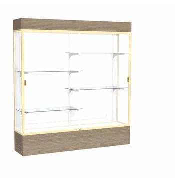 Reliant Lighted Driftwood Oak case, White Laminate Back w/ Champagne aluminum frame finish, 80"H x 72"W x 16"D - Click to enlarge