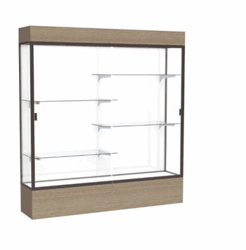 Reliant Lighted Driftwood Oak case, White Laminate Back w/ Dark Bronze aluminum frame finish, 80"H x 72"W x 16"D - Click to enlarge