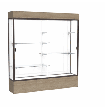 Reliant Lighted Driftwood Oak case, White Laminate Back w/ Dark Bronze aluminum frame finish, 80"H x 72"W x 16"D - Click to enlarge