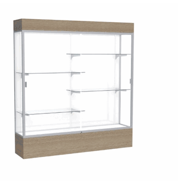 Reliant Lighted Driftwood Oak case, White Laminate Back w/ Satin Natural aluminum frame finish, 80"H x 72"W x 16"D - Click to enlarge