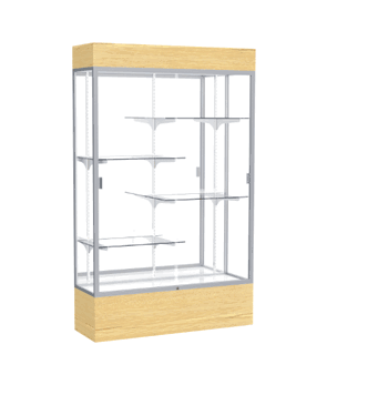 Reliant Lighted Light Oak Vinyl case, Mirror Back w/ Satin Natural aluminum frame finish, 80"H x 48"W x 16"D - Click to enlarge