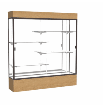 Reliant Lighted Natural Oak case, Mirror Back w/ Dark Bronze aluminum frame finish, 80"H x 72"W x 16"D - Click to enlarge