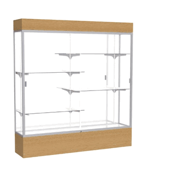 Reliant Lighted Natural Oak case, Mirror Back w/ Satin Natural aluminum frame finish, 80"H x 72"W x 16"D - Click to enlarge