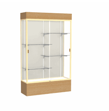 Reliant Lighted Natural Oak case, Plaque Fabric Back w/ Champagne aluminum frame finish, 80"H x 48"W x 16"D - Click to enlarge