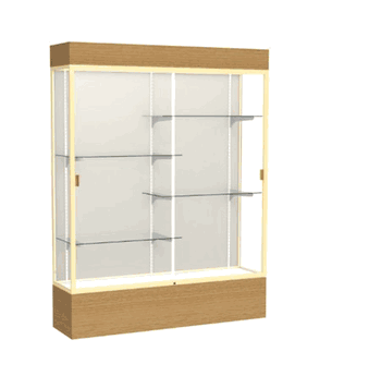 Reliant Lighted Natural Oak case, Plaque Fabric Back w/ Champagne aluminum frame finish, 80"H x 60"W x 16"D - Click to enlarge