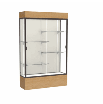 Reliant Lighted Natural Oak case, Plaque Fabric Back w/ Dark Bronze aluminum frame finish, 80"H x 48"W x 16"D - Click to enlarge