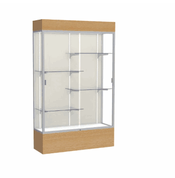 Reliant Lighted Natural Oak case, Plaque Fabric Back w/ Satin Natural aluminum frame finish, 80"H x 48"W x 16"D - Click to enlarge