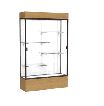 Reliant Lighted Natural Oak case, White Laminate Back w/ Dark Bronze aluminum frame finish, 80"H x 48"W x 16"D - Click to enlarge