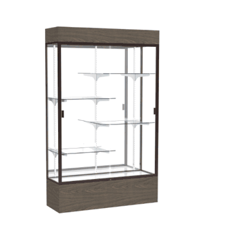 Reliant Lighted Walnut Vinyl case, Mirror Back w/ Dark Bronze aluminum frame finish, 80"H x 48"W x 16"D - Click to enlarge