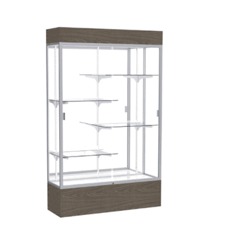 Reliant Lighted Walnut Vinyl case, Mirror Back w/ Satin Natural aluminum frame finish, 80"H x 48"W x 16"D - Click to enlarge