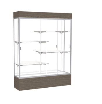 Reliant Lighted Walnut Vinyl case, Mirror Back w/ Satin Natural aluminum frame finish, 80"H x 60"W x 16"D - Click to enlarge