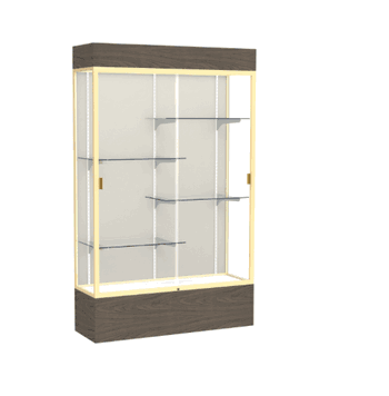 Reliant Lighted Walnut Vinyl case, Plaque Fabric Back w/ Champagne aluminum frame finish, 80"H x 48"W x 16"D - Click to enlarge