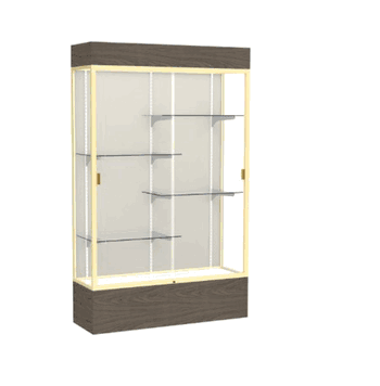 Reliant Lighted Walnut Vinyl case, Plaque Fabric Back w/ Champagne aluminum frame finish, 80"H x 48"W x 16"D - Click to enlarge