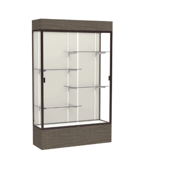 Reliant Lighted Walnut Vinyl case, Plaque Fabric Back w/ Dark Bronze aluminum frame finish, 80"H x 48"W x 16"D - Click to enlarge