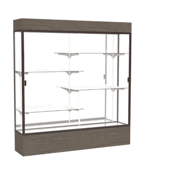 Reliant Lighted Walnut Vinyl case, Plaque Fabric Back w/ Dark Bronze aluminum frame finish, 80"H x 72"W x 16"D - Click to enlarge