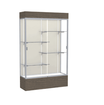 Reliant Lighted Walnut Vinyl case, Plaque Fabric Back w/ Satin Natural aluminum frame finish, 80"H x 48"W x 16"D - Click to enlarge