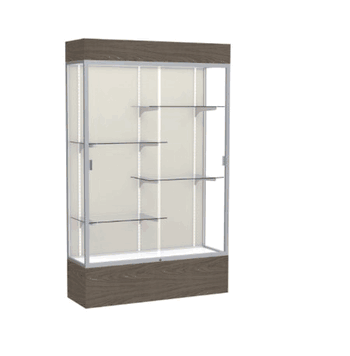 Reliant Lighted Walnut Vinyl case, Plaque Fabric Back w/ Satin Natural aluminum frame finish, 80"H x 48"W x 16"D - Click to enlarge