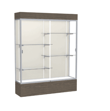 Reliant Lighted Walnut Vinyl case, Plaque Fabric Back w/ Satin Natural aluminum frame finish, 80"H x 60"W x 16"D - Click to enlarge