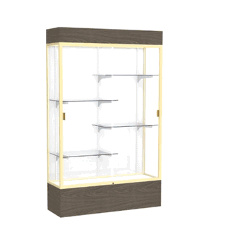 Reliant Lighted Walnut Vinyl case, White Laminate Back w/ Champagne aluminum frame finish, 80"H x 48"W x 16"D - Click to enlarge