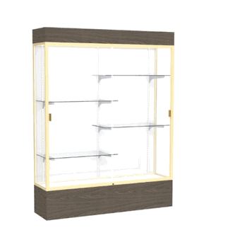 Reliant Lighted Walnut Vinyl case, White Laminate Back w/ Champagne aluminum frame finish, 80"H x 60"W x 16"D - Click to enlarge