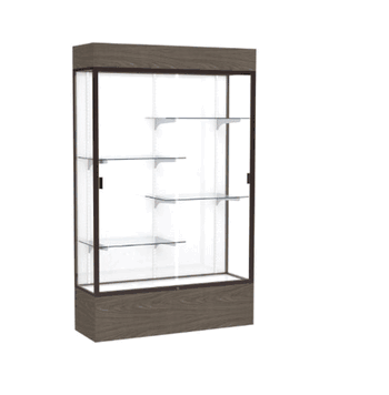 Reliant Lighted Walnut Vinyl case, White Laminate Back w/ Dark Bronze aluminum frame finish, 80"H x 48"W x 16"D - Click to enlarge