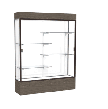Reliant Lighted Walnut Vinyl case, White Laminate Back w/ Dark Bronze aluminum frame finish, 80"H x 60"W x 16"D - Click to enlarge