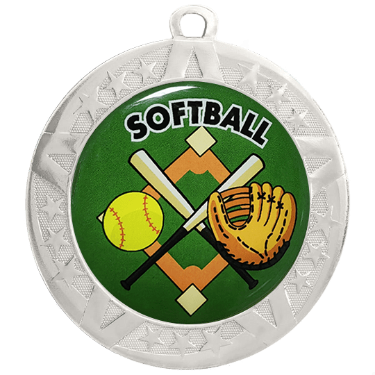 2 3/4 inch Softball medals with a silver frame and 2 inch Epoxy dome