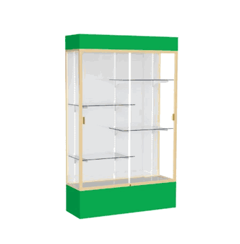 Spirit Kelly Green Display Case (Lighted), White Laminate Back w/ Champagne aluminum frame finish, 80"H x 48"W x 16"D - Click to enlarge
