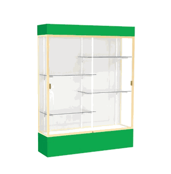 Spirit Kelly Green Display Case (Lighted), White Laminate Back w/ Champagne aluminum frame finish, 80"H x 60"W x 16"D - Click to enlarge