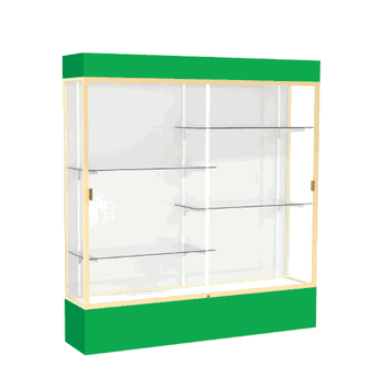 Spirit Kelly Green Display Case (Lighted), White Laminate Back w/ Champagne aluminum frame finish, 80"H x 72"W x 16"D - Click to enlarge