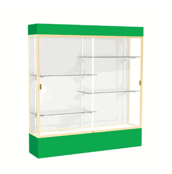 Spirit Kelly Green Display Case (Lighted), White Laminate Back w/ Champagne aluminum frame finish, 80"H x 72"W x 16"D - Click to enlarge