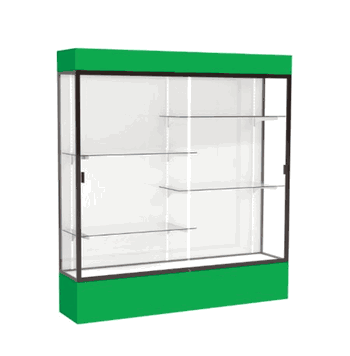 Spirit Kelly Green Display Case (Lighted), White Laminate Back w/ Dark Bronze aluminum frame finish, 80"H x 72"W x 16"D - Click to enlarge