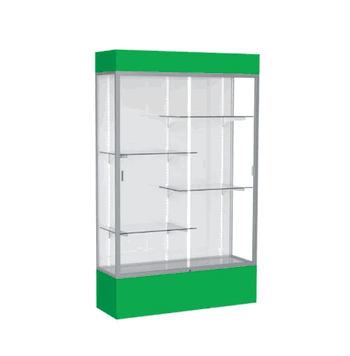 Spirit Kelly Green Display Case (Lighted), White Laminate Back w/ Satin Natural aluminum frame finish, 80"H x 48"W x 16"D - Click to enlarge