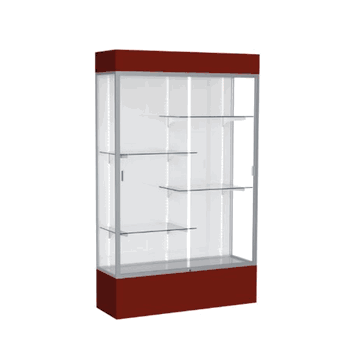 Spirit Maroon Display Case (Lighted), White Laminate Back w/ Satin Natural aluminum frame finish, 80"H x 48"W x 16"D - Click to enlarge
